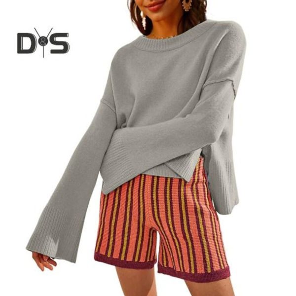 (XL, grey) Knitted Sweater Women Casual Solid Color O-neck Flared Long Sleeve Pullover Jumper High Low Side Slit Hem Lightweight Knit Tops
