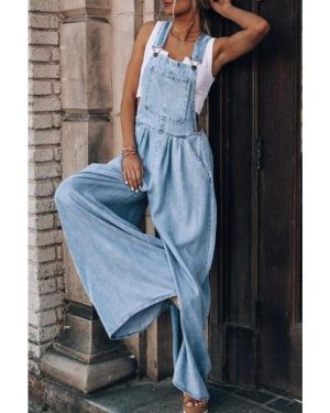 (XL, light blue) Loose Side Pocket Sleeveless Denim Jumpsuits, Casual Adjustable Shoulder Strap Denim Suspenders Trousers, Women's Denim Jeans &