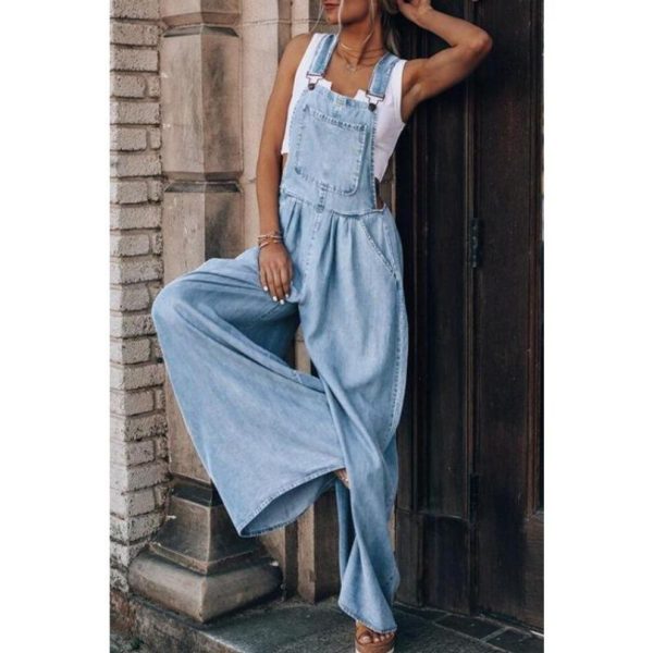 (XL, light blue) Loose Side Pocket Sleeveless Denim Jumpsuits, Casual Adjustable Shoulder Strap Denim Suspenders Trousers, Women's Denim Jeans &