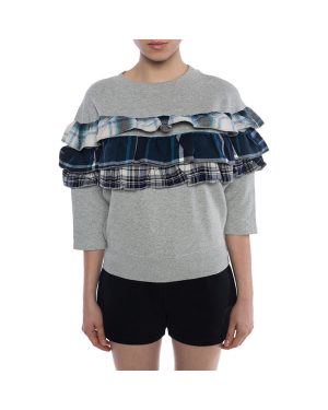 (XS) DIESEL F ADELIA Womens Sweatshirt Pullover Crew Neck Ruffle Check Grey Jumper