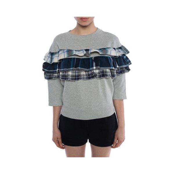 (XS) DIESEL F ADELIA Womens Sweatshirt Pullover Crew Neck Ruffle Check Grey Jumper
