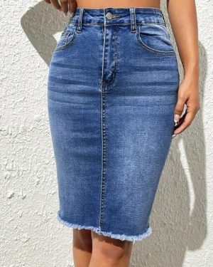 (XXL, blue) Women High Waist Denim Skirts Ladies Stretch Jeans Knee Length Casual Bodycon Skirt