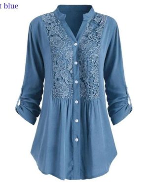 (XXL, light blue) XS-5XL Plus Size Lace Blouse Autumn&Winter New Fashion Women`s Blouse Tops V-Neck Tunic Shirts Button Long Sleeve Shirts
