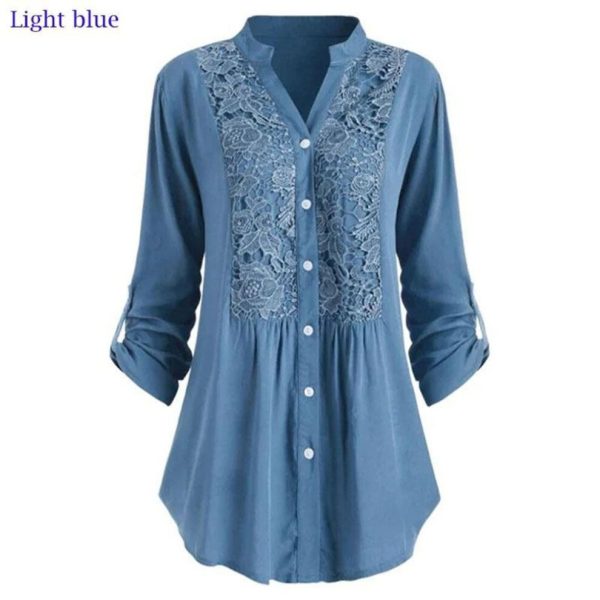 (XXL, light blue) XS-5XL Plus Size Lace Blouse Autumn&Winter New Fashion Women`s Blouse Tops V-Neck Tunic Shirts Button Long Sleeve Shirts