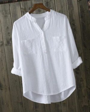 (XXL, white) New Spring Summer Causal White Women Shirts V-neck Loose 100% Cotton Office Lady Elegant Double Pocket Blouse Shirts Tops