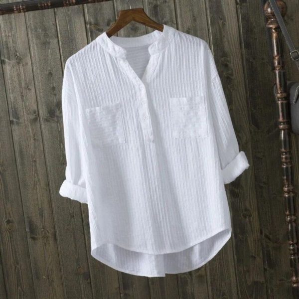 (XXL, white) New Spring Summer Causal White Women Shirts V-neck Loose 100% Cotton Office Lady Elegant Double Pocket Blouse Shirts Tops