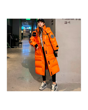(XXL=UK L, Orange) Women's Shiny Parka Jacket Ladies Hooded Long Puffer Coat Stand Collar Outwear