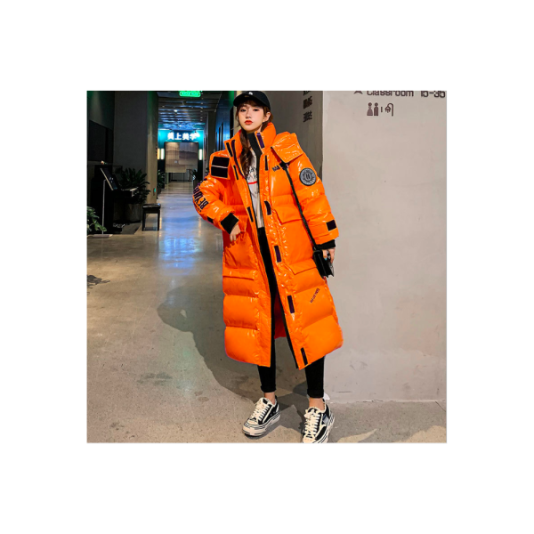 (XXL=UK L, Orange) Women's Shiny Parka Jacket Ladies Hooded Long Puffer Coat Stand Collar Outwear