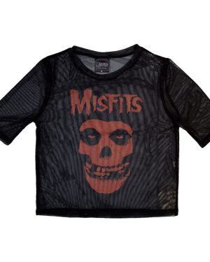 (XXS, Black) Misfits Orange Logo And Skull Mesh Long Sleeved Crop Top