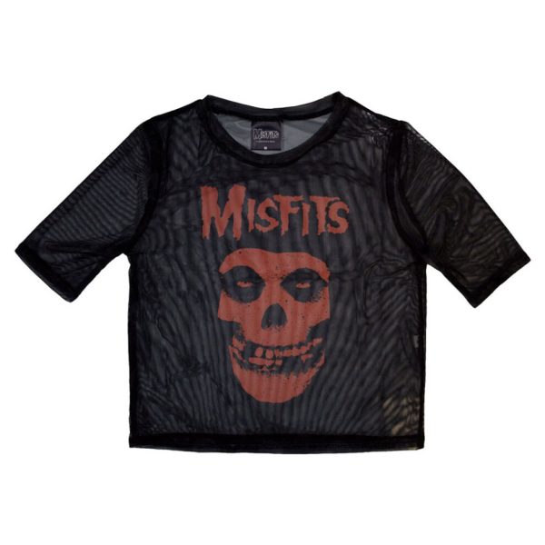 (XXS, Black) Misfits Orange Logo And Skull Mesh Long Sleeved Crop Top