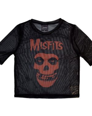(XXS, Black/Orange) Misfits Womens/Ladies Skull Mesh Logo Crop Top