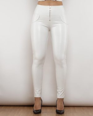 (XXXL) Shascullfites Melody Ring Zipper PU Leather Pants High Waist Elastic High Street Pants Trousers Push Up White Leather Leggings