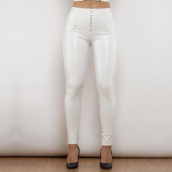 (XXXL) Shascullfites Melody Ring Zipper PU Leather Pants High Waist Elastic High Street Pants Trousers Push Up White Leather Leggings