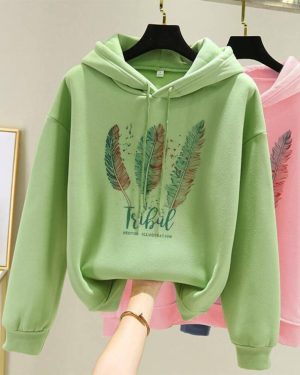 (XXXL, green) Women Fashion Feather Printed Hoodies Autumn Winter Plus Velvet Casual Loose Hoodie Sweatshirt