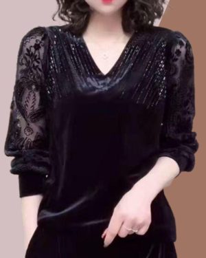 (XXXXXL, black) Women Diamond Sexy Sheer Lace Patchwork Elegant Basic T Shirt Spring Autumn Fashion V Neck Long Sleeve Black Pullover Tops