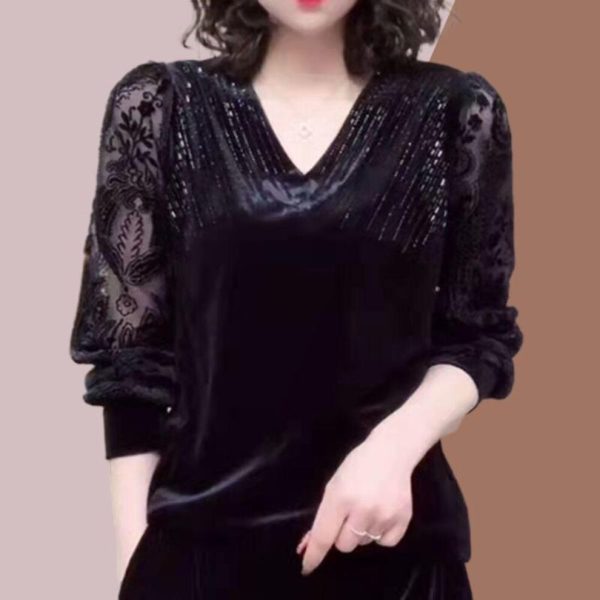 (XXXXXL, black) Women Diamond Sexy Sheer Lace Patchwork Elegant Basic T Shirt Spring Autumn Fashion V Neck Long Sleeve Black Pullover Tops