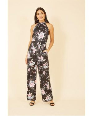 Yumi Black Floral Satin Halter neck Jumpsuit