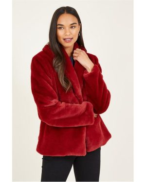 Yumi Red Short Wrap Faux Fur Coat