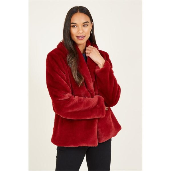 Yumi Red Short Wrap Faux Fur Coat