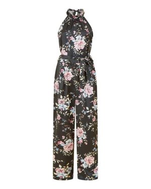 Yumi Yumi Black Floral Satin Halter Neck Jumpsuit