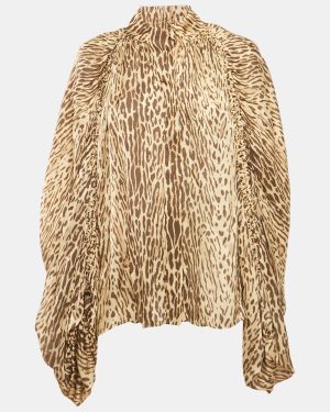 Zimmermann Brown Animal Print Silk Satin Button Front Blouse M