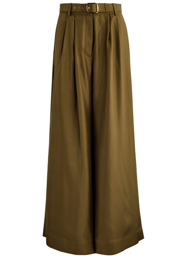 Zimmermann Crush Belted Flared-leg Silk Trousers - Olive - 4 (UK 16 /xl)