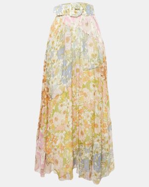Zimmermann Multicolor Floral Print Cotton Blend Belted Maxi Skirt L