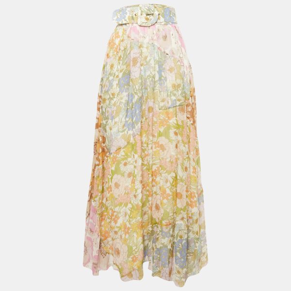 Zimmermann Multicolor Floral Print Cotton Blend Belted Maxi Skirt L