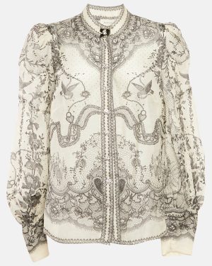 Zimmermann Off-Linen Printed Linen and Silk Button Front Blouse XL