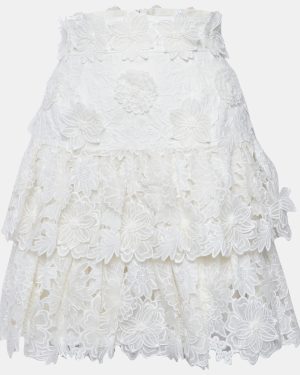 Zimmermann White Floral Applique Linen Tiered Mini Skirt S
