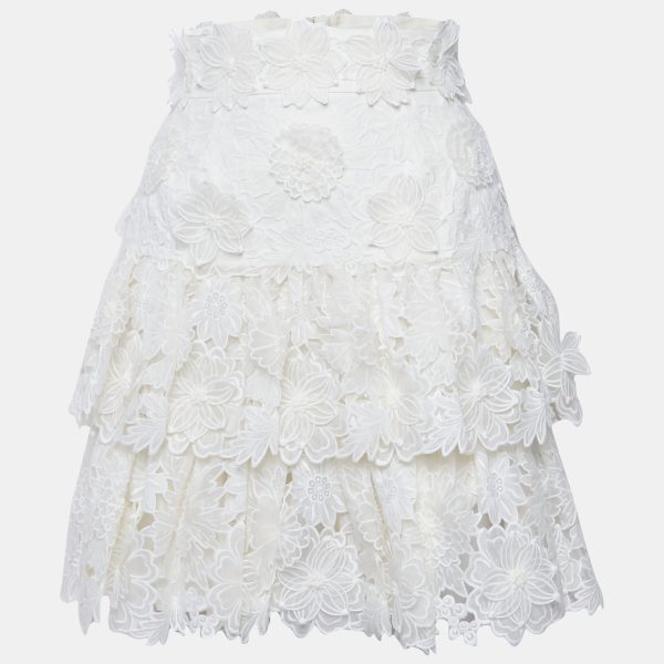 Zimmermann White Floral Applique Linen Tiered Mini Skirt S