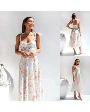 (apricot, L) 2025 new Slim and thin waisted V-neck halter print medium-length dress female