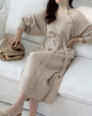 (apricot, L) Autumn Knitwear Dress Women Long Sleeve Turtleneck Sweater Dress Winter Knit Korean Fashion Loose Tunic Pullover