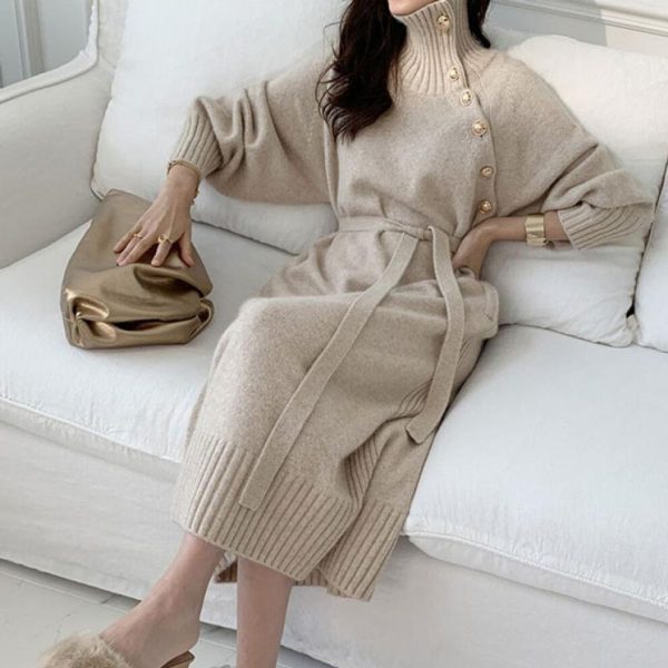 (apricot, L) Autumn Knitwear Dress Women Long Sleeve Turtleneck Sweater Dress Winter Knit Korean Fashion Loose Tunic Pullover