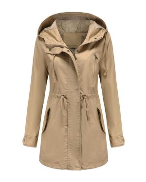 (apricot, L) Women's Trench Coat Cotton Solid Color Hooded Zipper Windproof Long Jacket Drawstring Outdoor Hiking Windcheater Spring Autumn Winter Out