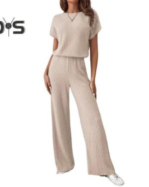 (apricot, XL) Women's Two Piece Knit Set Short Sleeve Sweater Top Wide Leg Pants Lounge Sets Ribbed Knitted Casual Outfit for Spring Autumn