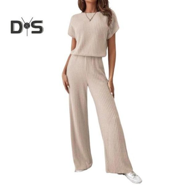 (apricot, XL) Women's Two Piece Knit Set Short Sleeve Sweater Top Wide Leg Pants Lounge Sets Ribbed Knitted Casual Outfit for Spring Autumn