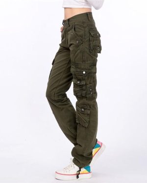 (army green, 30) Women Straight Multi-pocket Cargo Pants Denim Overalls Ladies Fashion Workout Joggers Baggy Pants Loose Straight Trousers