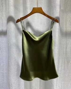 (army green, L) High-End Silk Satin Lace V-Neck Camisole for Women - Sleeveless Loose-Fit Spring/Summer Trend