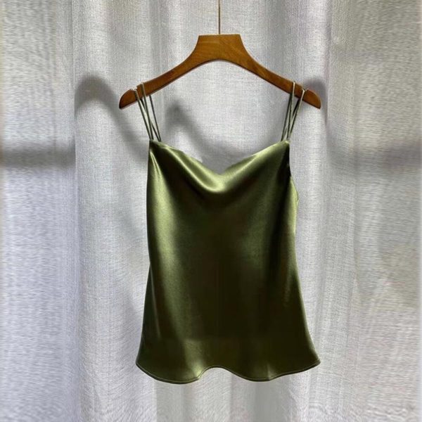 (army green, L) High-End Silk Satin Lace V-Neck Camisole for Women - Sleeveless Loose-Fit Spring/Summer Trend