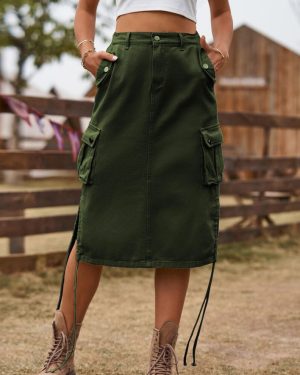 (army green, M) Lace-Up Denim Work Skirt: Trendy European & American Mid-Length Skirt for Women