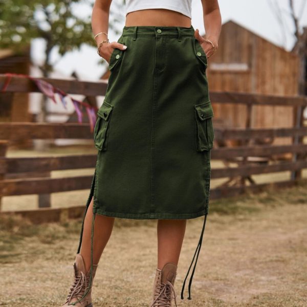 (army green, M) Lace-Up Denim Work Skirt: Trendy European & American Mid-Length Skirt for Women