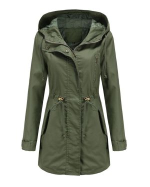 (army green, S) Women's Trench Coat Cotton Solid Color Hooded Zipper Windproof Long Jacket Drawstring Outdoor Hiking Windcheater Spring Autumn Winter