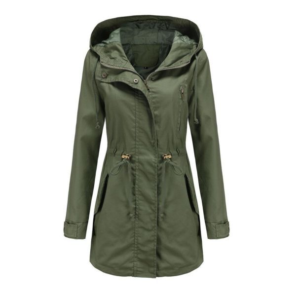 (army green, S) Women's Trench Coat Cotton Solid Color Hooded Zipper Windproof Long Jacket Drawstring Outdoor Hiking Windcheater Spring Autumn Winter