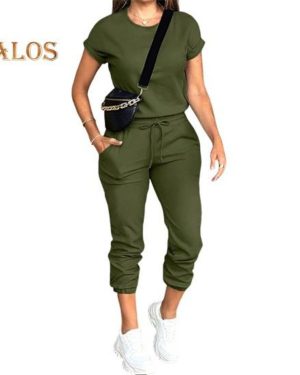 (army green, XL) Women's Short Sleeve Tracksuit Set Casual Crew Neck Top And Drawstring Joggers With Pockets Female Two Piece Sweat Set