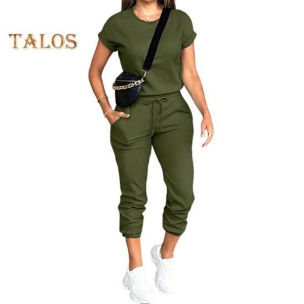 (army green, XL) Women's Short Sleeve Tracksuit Set Casual Crew Neck Top And Drawstring Joggers With Pockets Female Two Piece Sweat Set