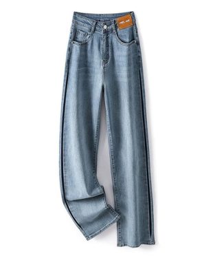 (as the picture, L) Spring and Summer Women's Jeans Collision Colour Stretch Wide-leg Trousers High-waisted Thin Straight Draped Dragging Pant