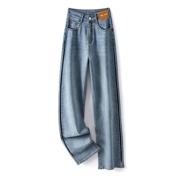 (as the picture, L) Spring and Summer Women's Jeans Collision Colour Stretch Wide-leg Trousers High-waisted Thin Straight Draped Dragging Pant