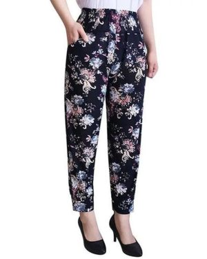 (as the picture, One Size) WTEMPO Women Summer High Waist Wide Leg Floral Printed Casual Pants Female Large Size Loose Elastic Waist Thin Cropped Pant