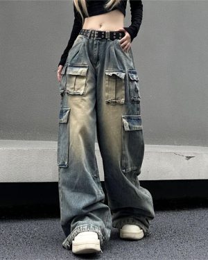 (as the picture, S) Multi-pocket Streetwear Cargo Pants Women Autumn Winter Wide-leg Washable Oversized Jeans Women Y2k Baggy Denim Pant